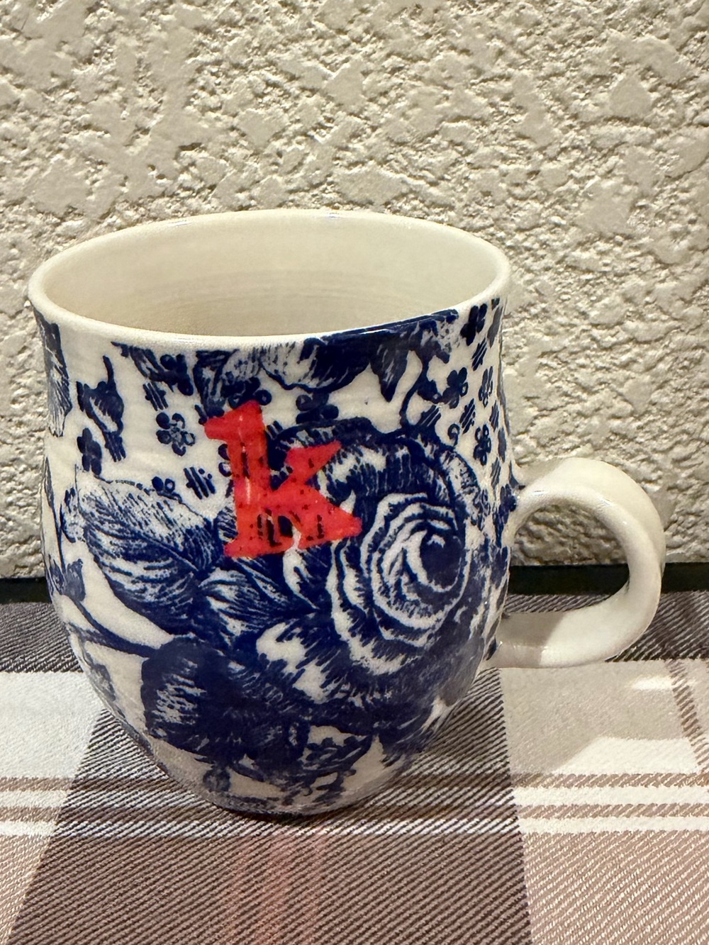 Anthropologie Blue White Floral Monogram k Coffee Tea Cocoa Mug